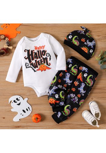 Halloween 3pcs Baby Boy Long-sleeve Graphic Romper and Allover Print Pants with Hat Set