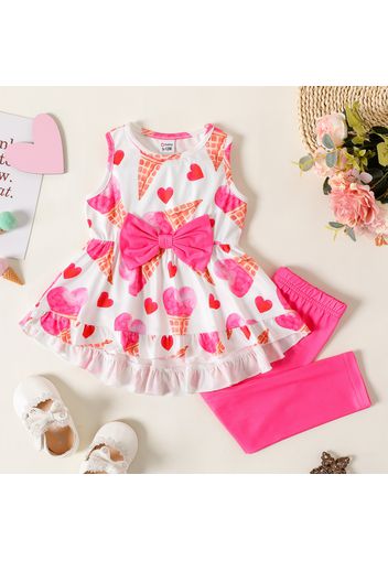 2pcs Baby Girl Bow Front All Over Love Heart Print Irregular Ruffle Hem Tank Dress and Solid Leggings Set