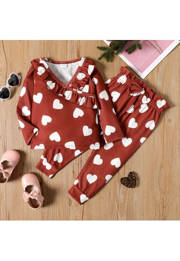 2-piece Toddler Girl Valentine's Day Heart Print Ruffled V Neck Long-sleeve Tee and Bowknot Desogn Paperbag Pants Burgundy Set