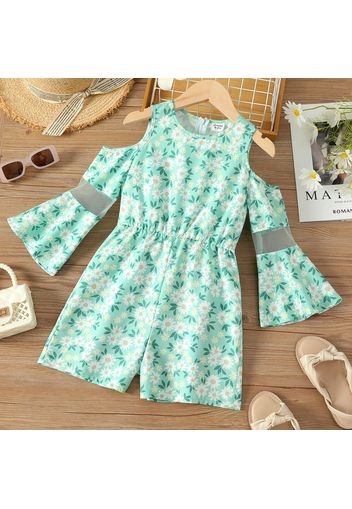 Kid Girl Floral Print Cold Shoulder Mesh Design Bell sleeves Rompers