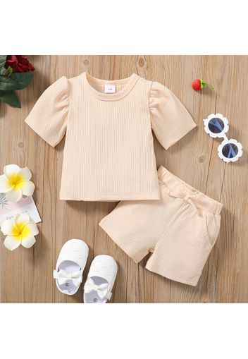 2pcs Baby Boy Solid Ribbed Puff-sleeve Top and Shorts Set