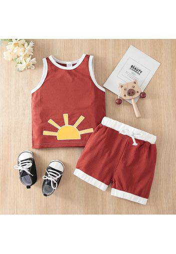 2pcs Toddler Boy/Girl Playful Cactus/Sun/Rainbow Embroidered Tank Top & Shorts Set