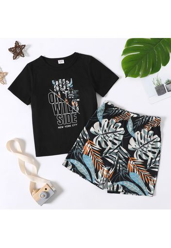 2-piece Kid Boy Letter Print Short-sleeve Black Tee and Floral Leaf Print Elasticized Shorts Set