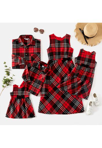 Family Matching Red Plaid Sleeveless Dresses and Long-sleeve Shirts Sets