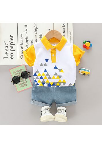 Cotton 2pcs Baby Boy Geometric Print Contrast Collar Top and Denim Shorts Set