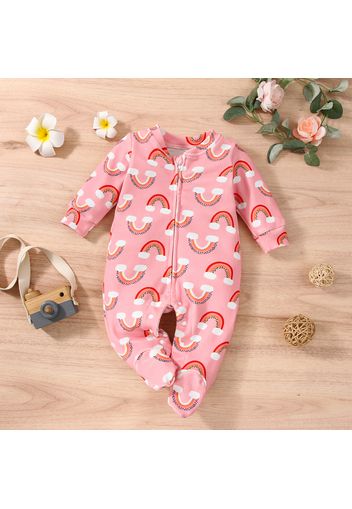 All Over Rainbow Print Pink Cotton Long-sleeve Footed Baby Jumpsuit