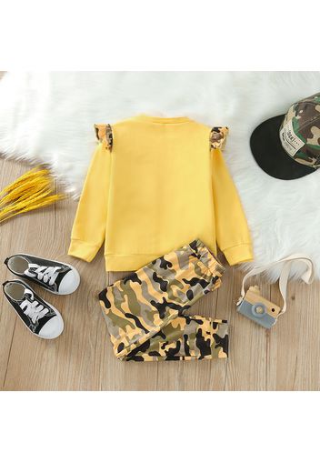 2-piece Toddler Girl Ruffle Letter Print Long-sleeve Tee and Camouflage Print Pants Set