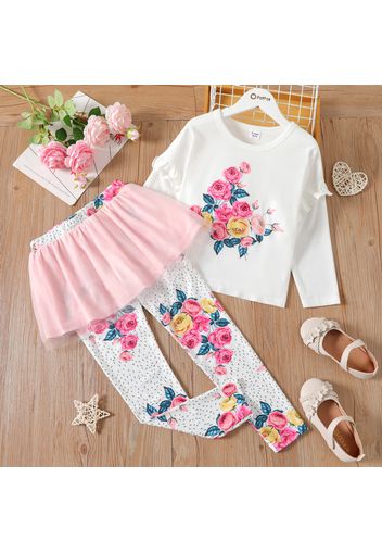 2-piece Kid Girl Ruffled Floral Print Long-sleeve Tee and Mesh Leggings Set