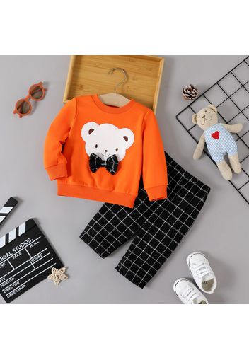 2pcs Baby Boy Cotton Grid Pants and Bow Front Bear Print Long-sleeve Sweatshirt Set