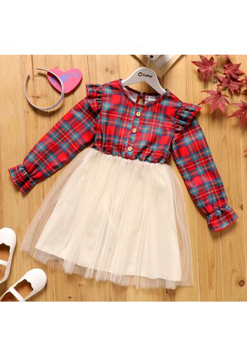 Kid Girl Christmas Plaid Ruffled Mesh Splice Long-sleeve Dress