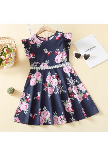 Kid Girl Floral Print/Stripe Splice Lace Design Flutter-sleeve Dress