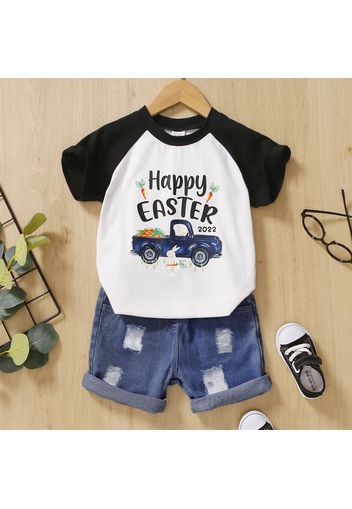 Easter 2pcs Toddler Boy Ripped Denim Shorts & Letter Vehicle Print Tee Set