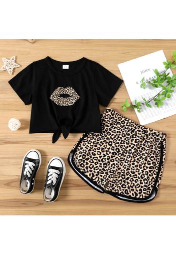 2-piece Kid Girl Leopard Mouth Print Tie Knot Short-sleeve Tee and Shorts Set