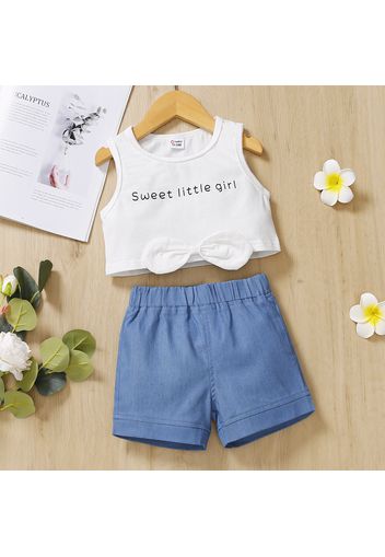 2pcs Toddler Girl Letter Print Bowknot Design Sleeveless White Tee and Elasticized Blue Denim Shorts Set