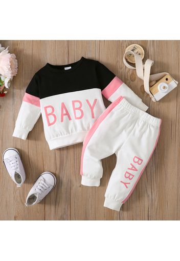 2pcs Baby Girl Letter Print Colorblock Long-sleeve Sweatshirt and Joggers Pants Set