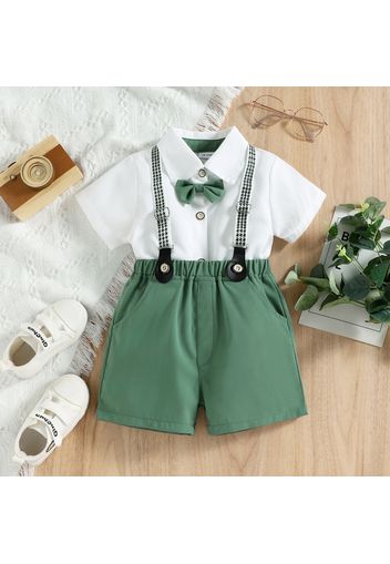 2pcs Toddler Boy Gentleman Suit, Bow tie Design Lapel Collar Shirt and Adjustable Suspender Shorts Set