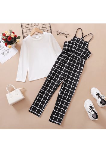 2-piece Kid Girl Long-sleeve White Tee and Plaid Overalls Set