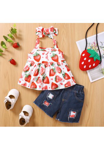 3pcs Baby Girl All Over Strawberry Print Spaghetti Strap Top and Ripped Denim Shorts with Headband Set