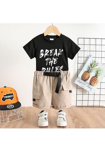 2pcs Toddler Boy Trendy Letter Print Tee and Belted Cargo Shorts