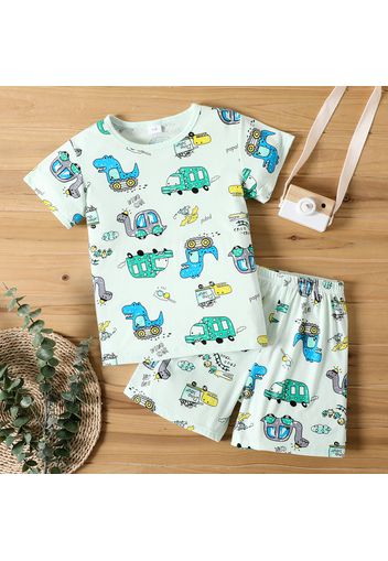 2pcs Kid Boy Animal Dinosaur Print Short-sleeve Cotton Tee and Elasticized Shorts Set