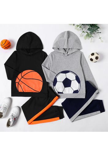 2-piece Kid Boy Basketball/Football Print Hoodie Sweatshirt and Colorblock Pants Set