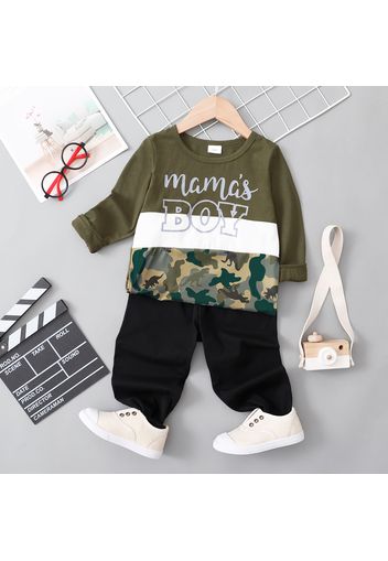 2-piece Toddler Boy Letter Camouflage Print Colorblock Long-sleeve Top and Black Pants Set