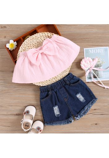 2pcs Toddler Girl 100% Cotton Bowknot Design Off Shoulder Pink Tube Top and Ripped Denim Shorts Set