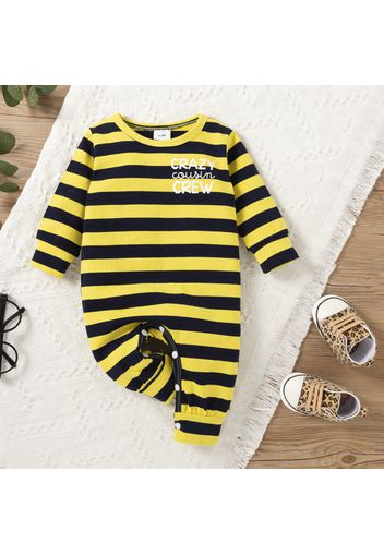 Baby Girl/Boy Stripe and Letter Print Long-sleeve Cotton Jumpsuit