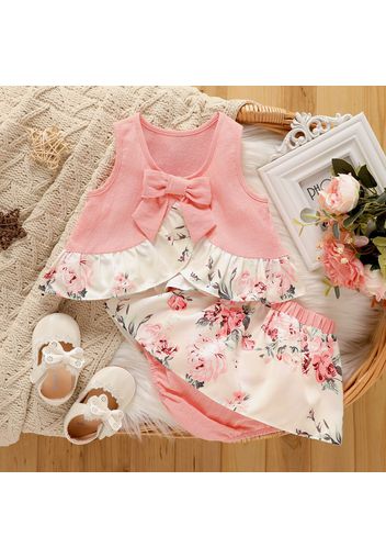 2pcs Baby Girl 100% Cotton Solid Splice Floral Print Ruffle Trim Bow Front Tank Top and Shorts Set