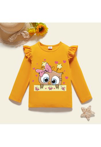 Toddler Girl Graphic Owl and Heart-shaped Print Ruffled Long-sleeve Tee