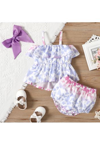 3pcs Baby Girl All Over Butterfly Print Spaghetti Strap Ruffle Top and Shorts with Headband Set
