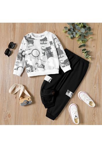 2pcs Toddler Boy Letter Allover Print Pullover Sweatshirt and Black Pants Set