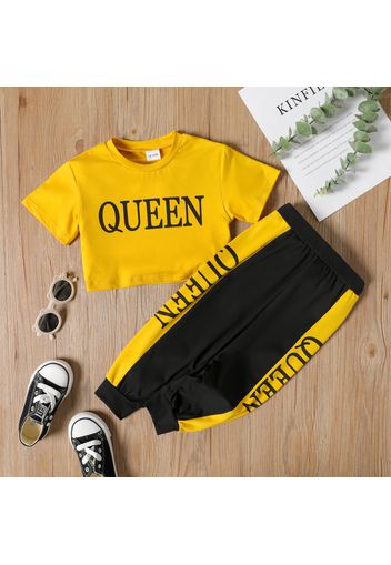 2pcs Toddler Girl Letter Print Short-sleeve Yellow Crop Tee and Colorblock Elasticized Pants Set