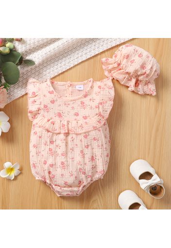 100% Cotton Crepe 2pcs Baby Girl All Over Floral Print Ruffle Sleeveless Romper with Hat Set