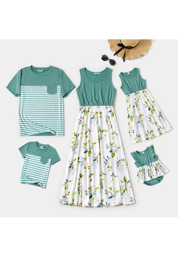 Family Matching Solid Spliced Floral Print Tank Dresses and Short-sleeve Striped T-shirts Sets