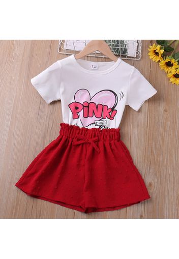 2pcs Toddler Girl Letter Heart Print Short-sleeve White Tee and Bowknot Design Dotted Swiss Red Skirt Set