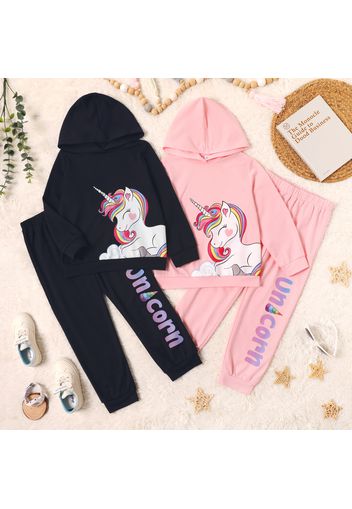 2-piece Kid Girl Unicorn Print Hoodie Sweatshirt and Letter Print Pants Set