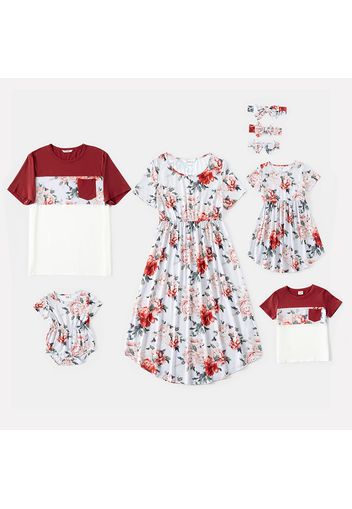 Floral Print Splice Family Matching Red Sets