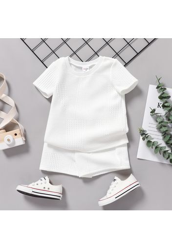 2pcs Toddler Boy Basic Textured Short-sleeve White Tee and Shorts Set