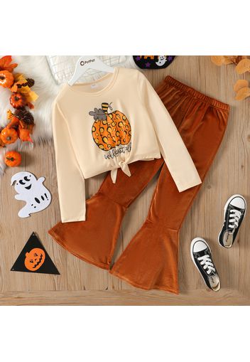 2pcs Kid Girl Halloween Graphic Long-sleeve Tee and Flared Pants Set