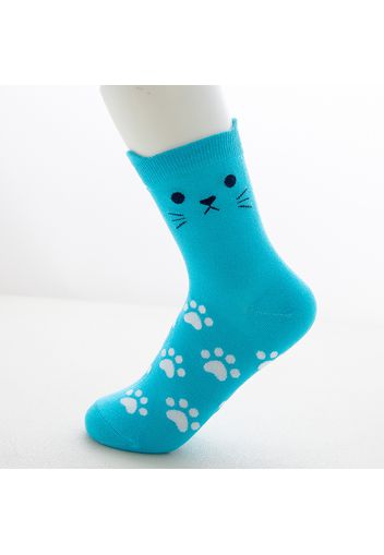 Women 100% Cotton Cute Cartoon Cat Dual Ears Footprints Print Tube Socks