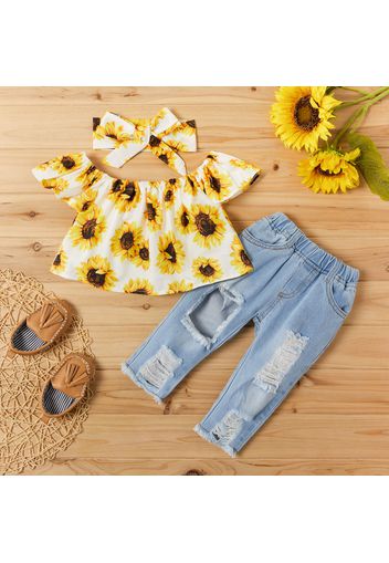 3pcs Sunflower Print Short-sleeve Baby Set