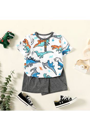 2pcs Toddler Boy Animal Dinosaur Print Button Design Short-sleeve Tee and Elasticized Gray Shorts Set