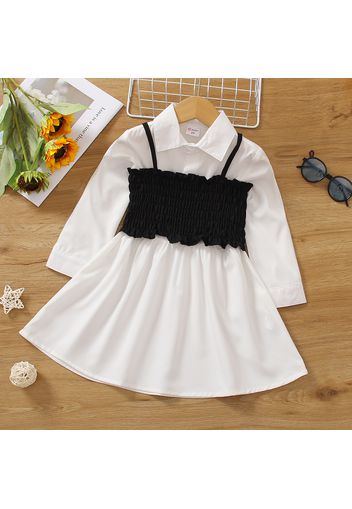 2pcs Toddler Girl Trendy Lapel Collar Long-sleeve Shirt Dress and Smocked Camisole Set