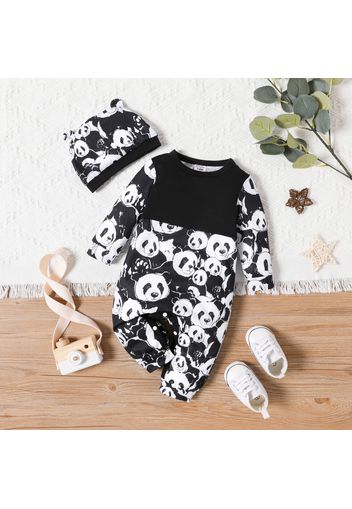 2pcs Baby Boy Allover Panda Print Long-sleeve Spliced Jumpsuit with Hat Set