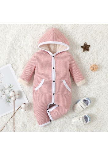 Baby Boy/Girl Solid Knitted Thickened Fleece Lined Long-sleeve Hooded Jumpsuit