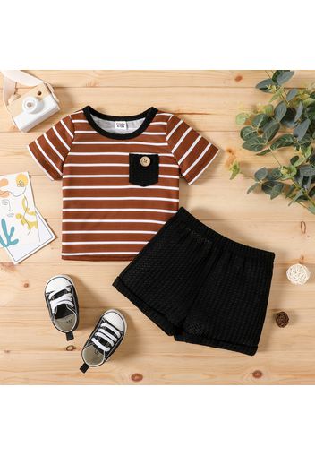 2pcs Baby Boy Short-sleeve Striped Tee and Solid Knitted Shorts Set