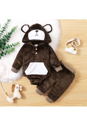 2pcs Baby Cartoon Bear 3D Ears Hooded Long-sleeve Thickened Fleece Romper and Pants Set