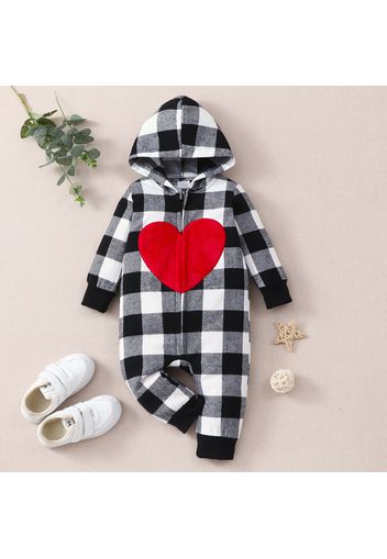 Baby Girl Love Heart Pattern Plaid Long-sleeve Hooded Zip Jumpsuit