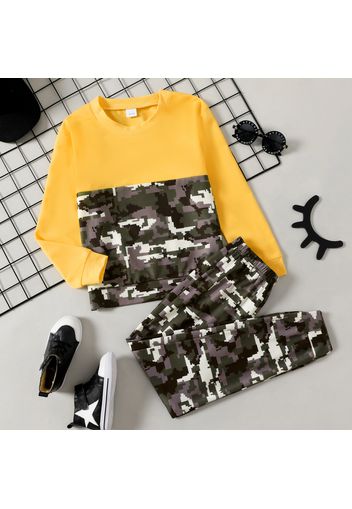 2-piece Kid Boy Camouflage Print Colorblock Sweatshirt and Pants Casual Set